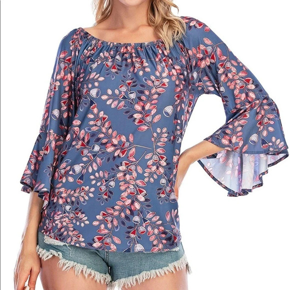 OFF Shoulder Boho Floral Print Flare Sleeves, M - Picture 1 of 16